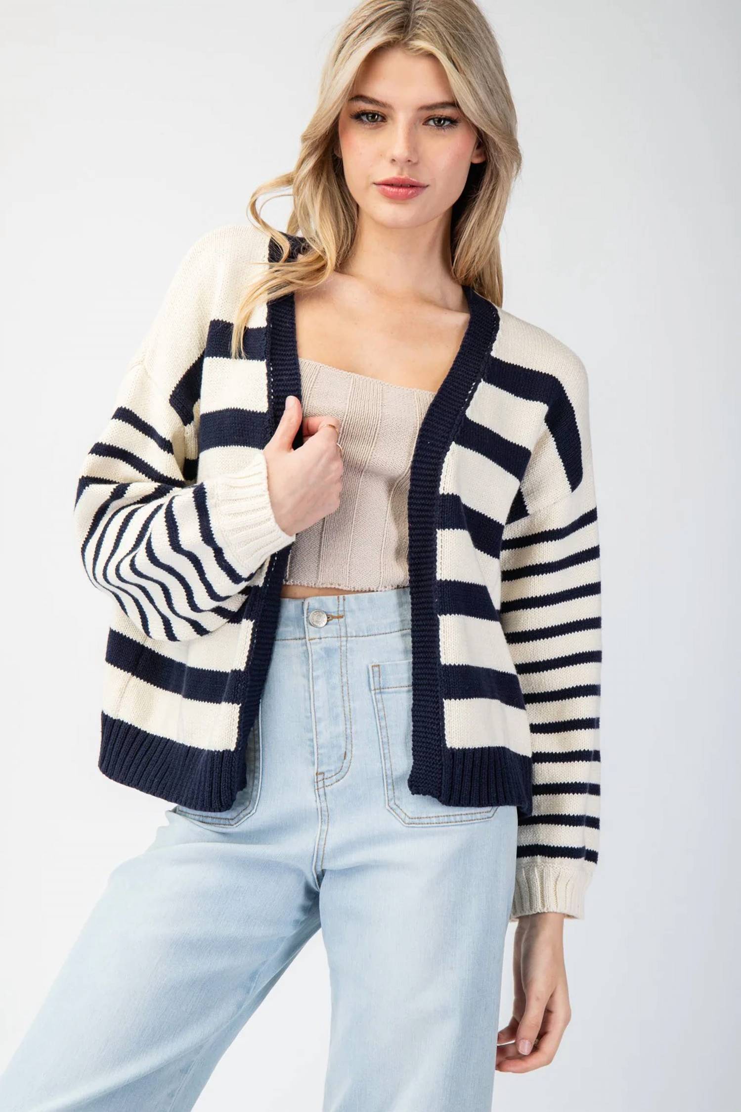Ee:Some - Simple In Stripes Cropped Cardigan