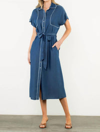 THML Short Sleeve Button Up Midi Dress in blue - women's dress