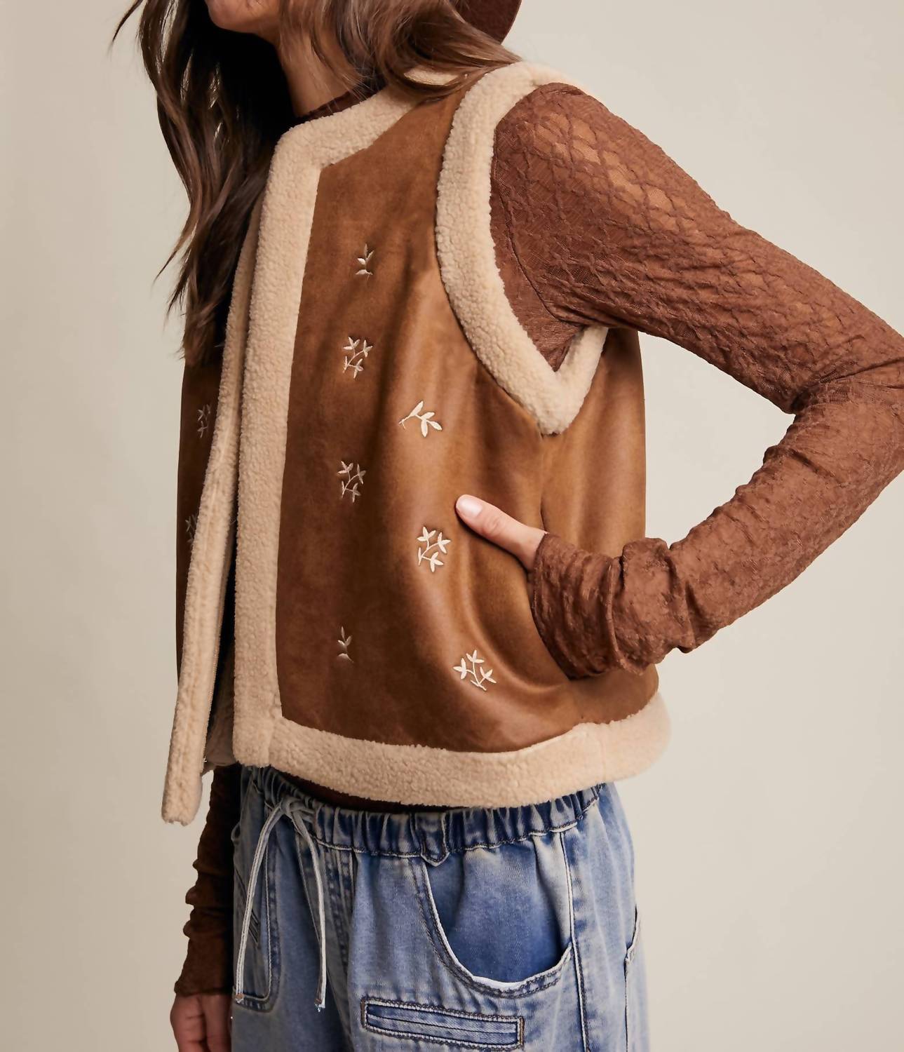 Listicle - Embroidered Faux Suede Shearling Vest