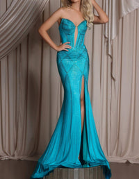 PORTIA&SCARLETT Illusion Plunge Fitted Gown in turquoise - women's dress