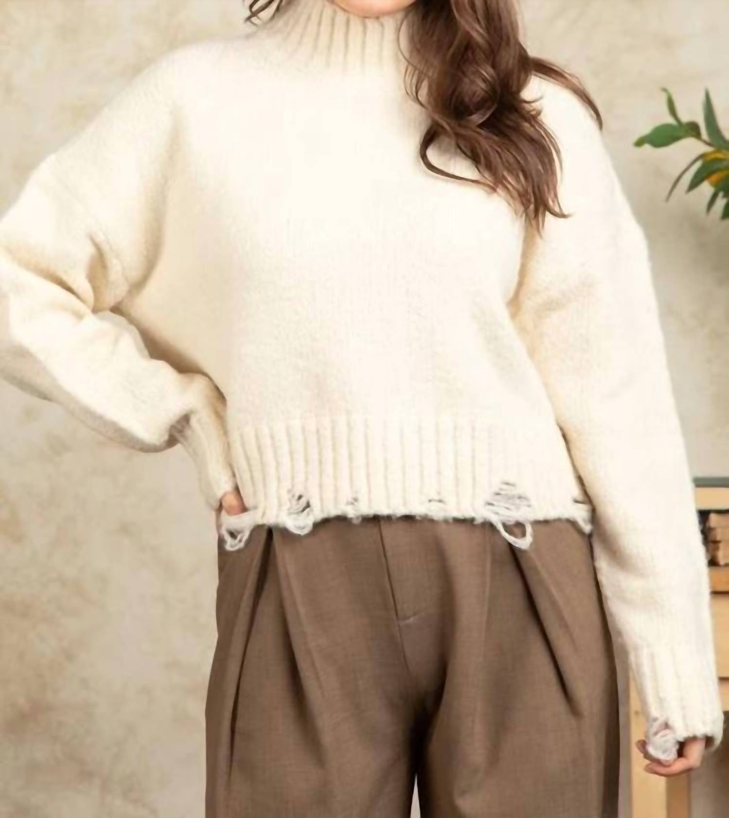 Fashion District La - Long Sleeve Mock Neck Distressed Sweater