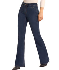 Rock & Roll Denim Scallop Detail Button Flare Jeans in dark wash - women's jeans