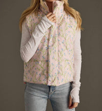 Panache Apparel Floral Puffer Vest With Zipper & Snap Closure in light pink - women's jacket - detail view
