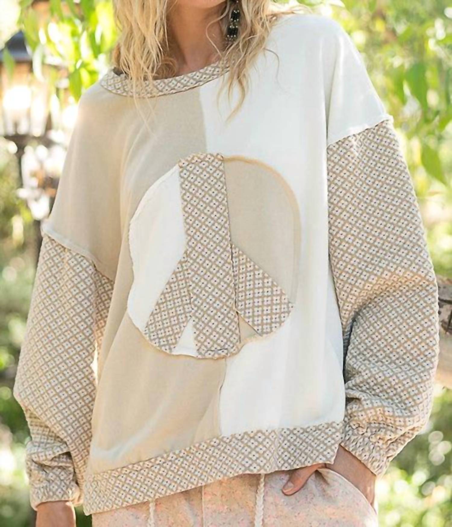 Pol - Vintage Washed Long Sleeve Peace Patch Front Top