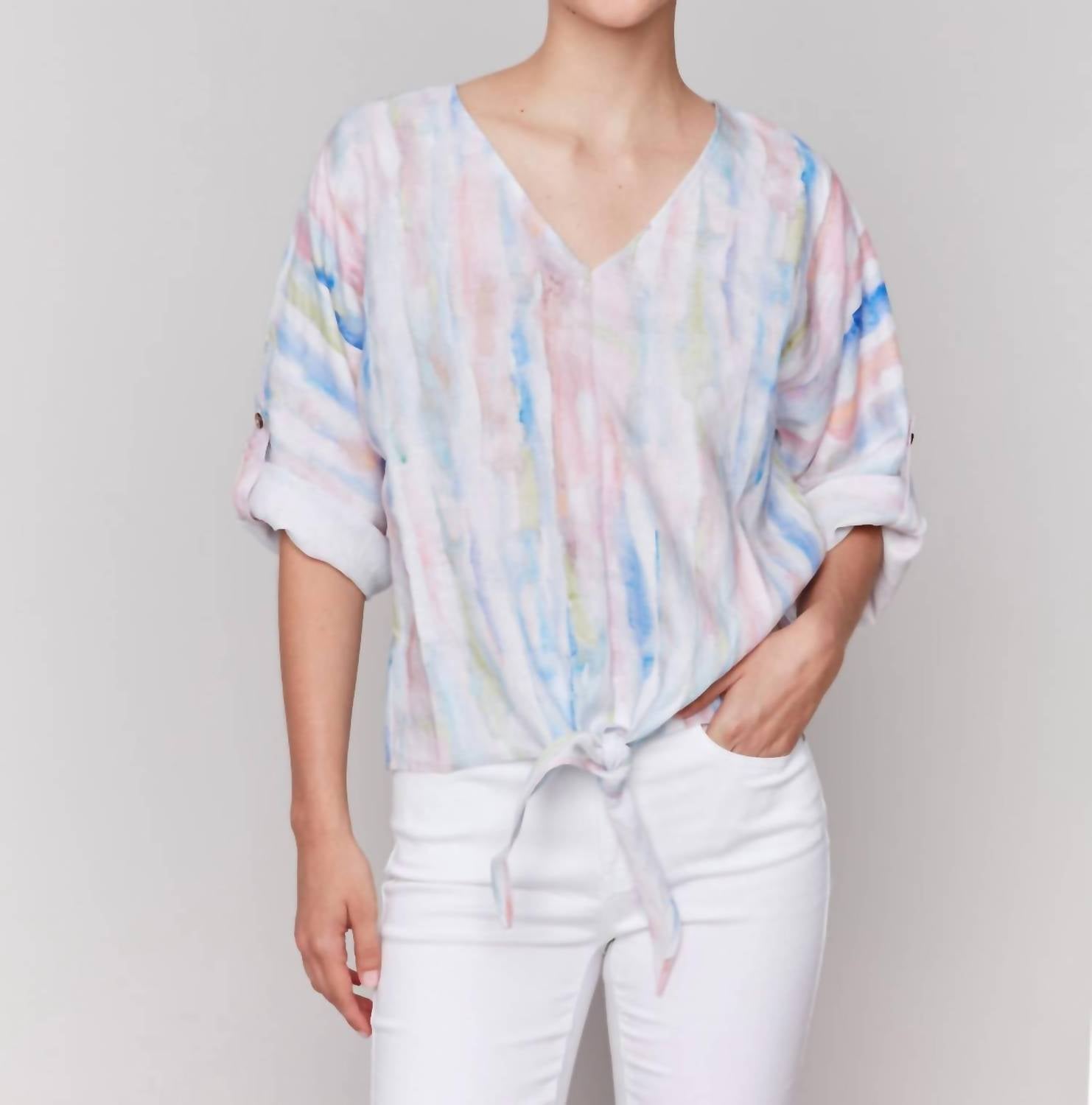 Charlie B - Printed 3/4 Sleeve V-neck Top With Front Tie