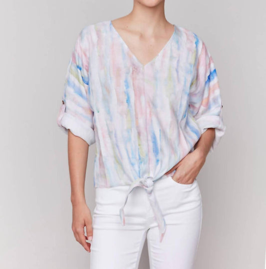 Charlie B - Printed 3/4 Sleeve V-neck Top With Front Tie