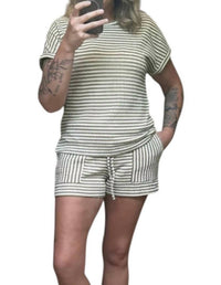 1 The Woman - Striped Textured Knit Top And Short Set