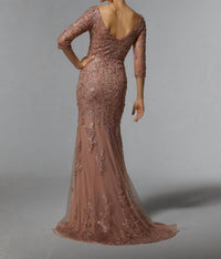 MGNY Frosted Metallic Lace Sheath Evening Gown in rose gold - women's dress - detail view