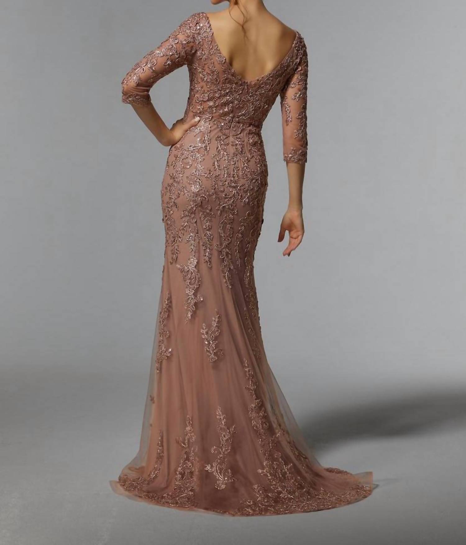 MGNY Frosted Metallic Lace Sheath Evening Gown in rose gold - women's dress - detail view