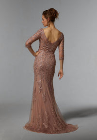 MGNY Frosted Metallic Lace Sheath Evening Gown in rose gold - women's dress - alternate view