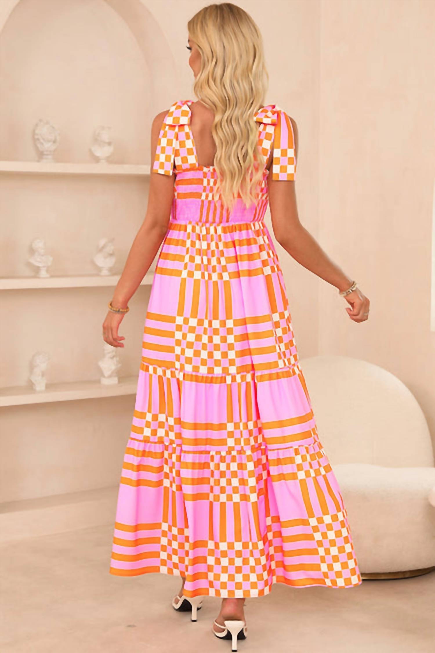 Amaryllis - Boho Gingham Tied Straps Smocked Maxi Dress
