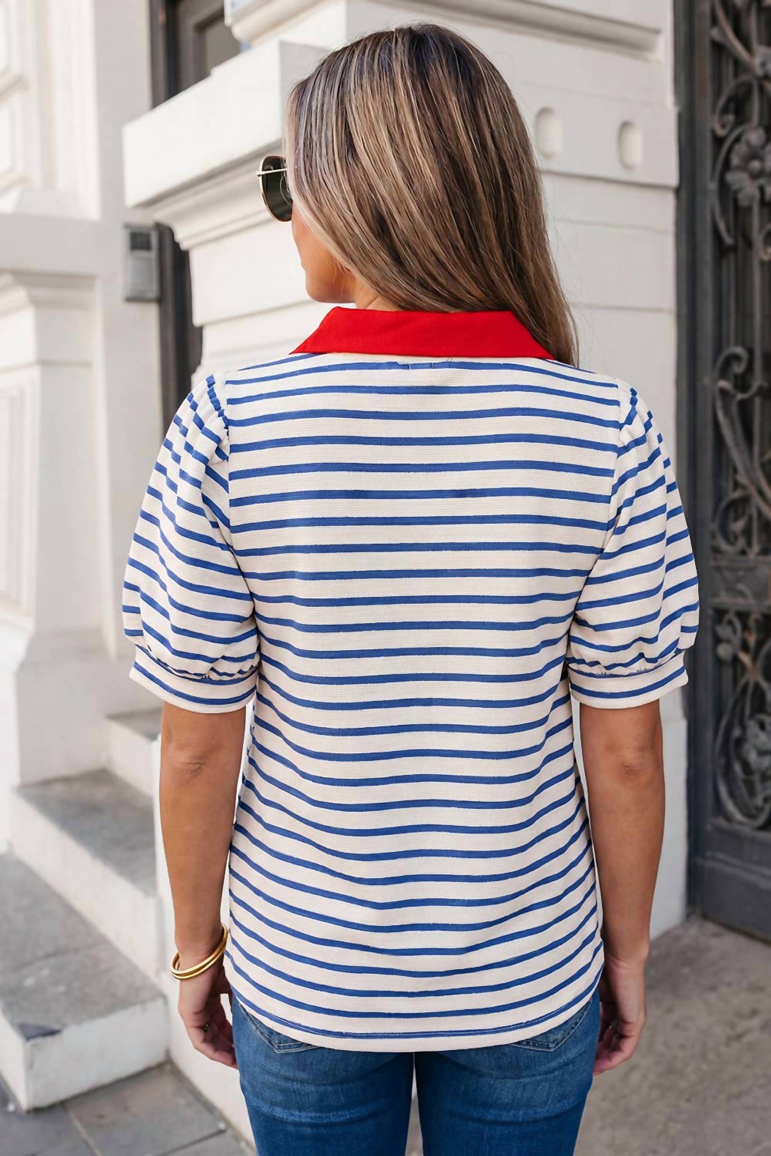 Aapparella - Stripe Short Puff Sleeve Collared Blouse