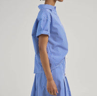 Arlo Mott Clark Split Back Top in blue stripe - women's blouse - alternate view