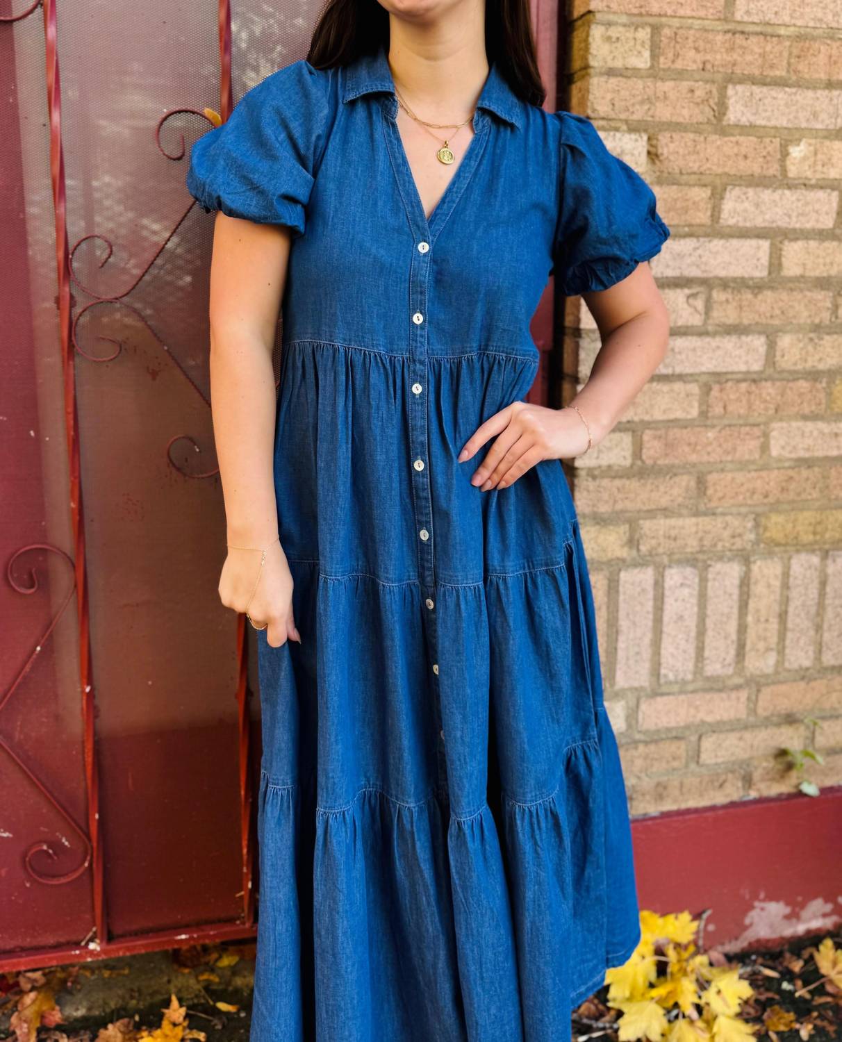 Apny - Long Tiered Dress With Puff Sleeve