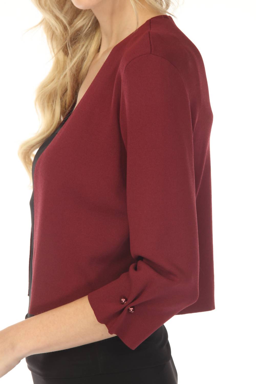 Joseph Ribkoff Pearl Accent Three Quarter Sleeve Cropped Cardigan in merlot - women's cardigan - view 6