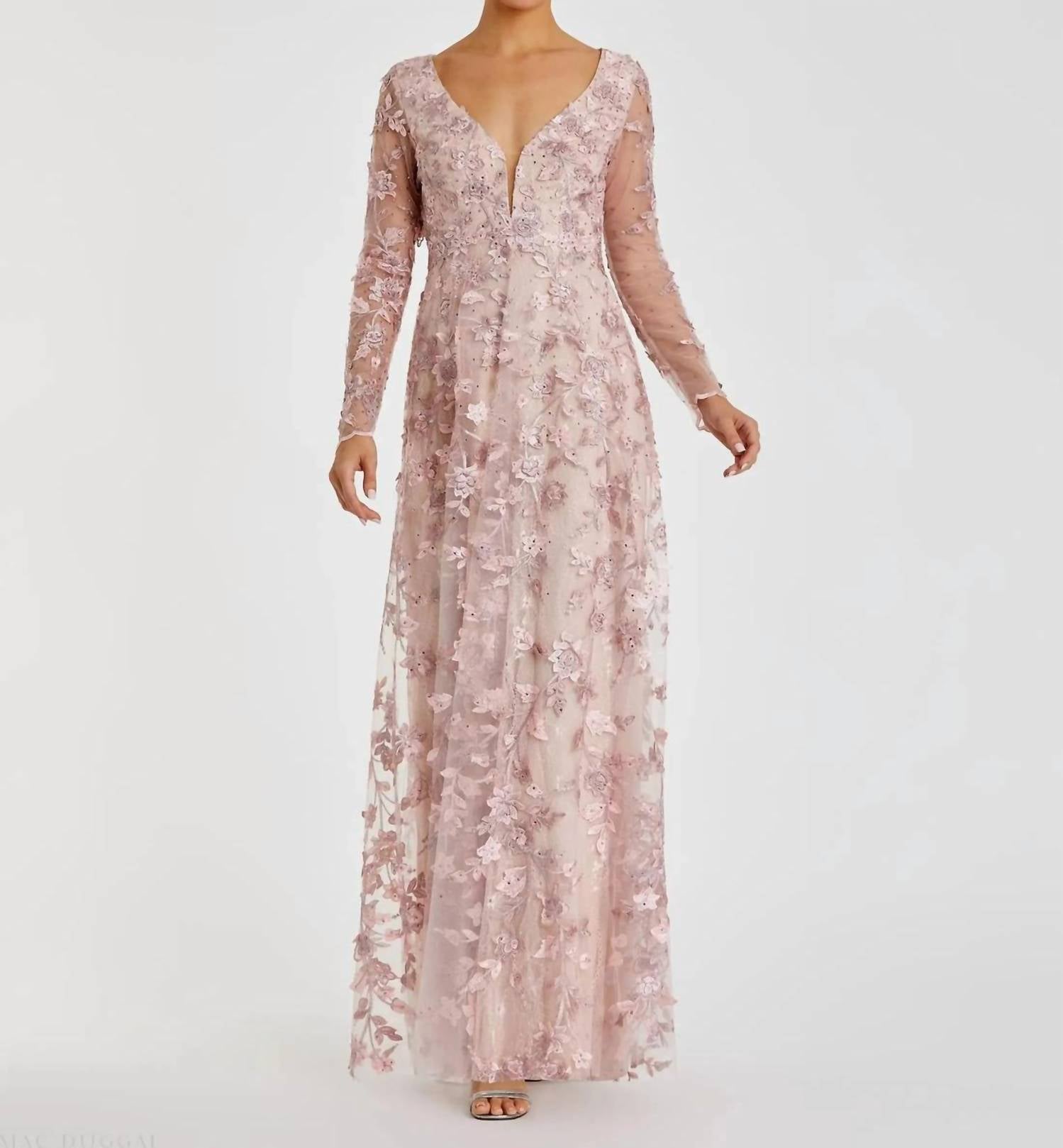 Mac Duggal - Illusion Sleeve Floral Dress