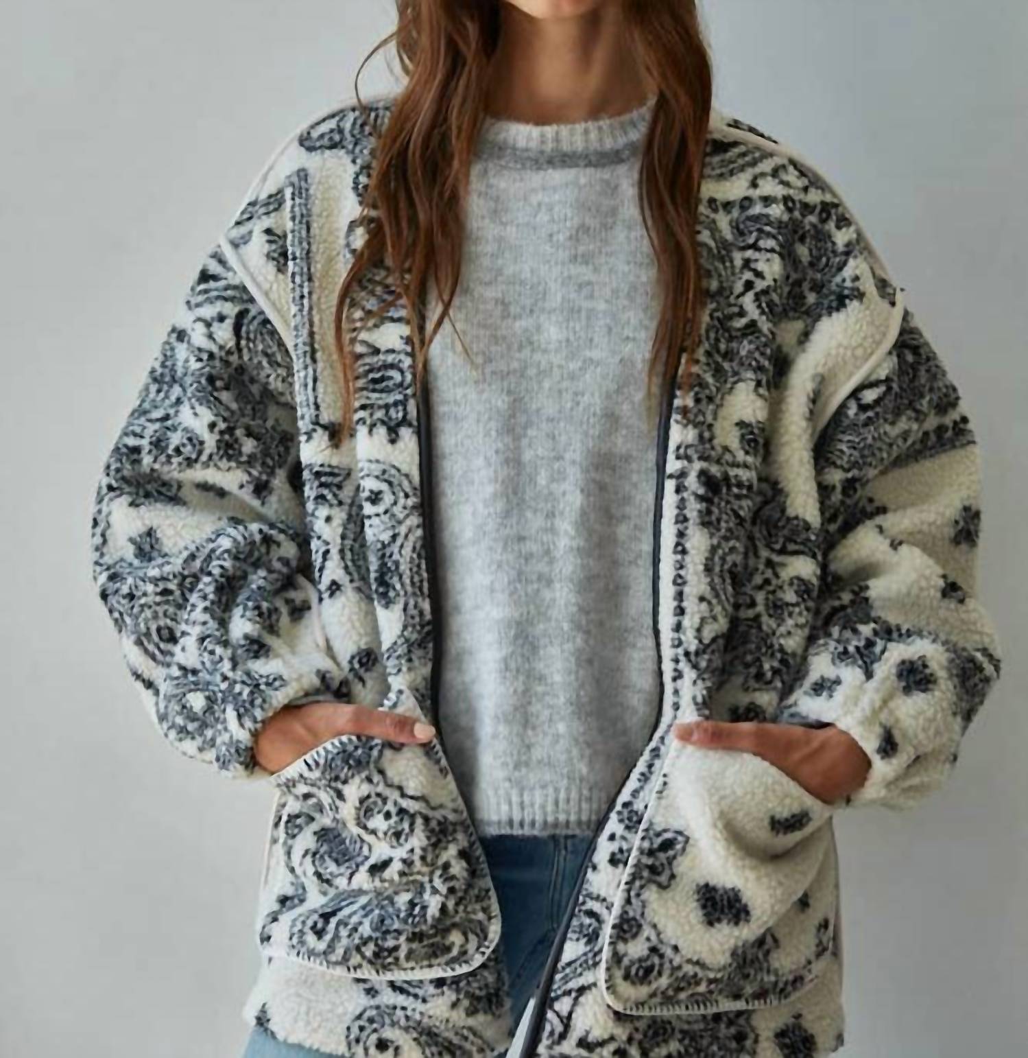 By Together Fleece Sherpa Paisley Print Jacket in black ivory - women's jacket