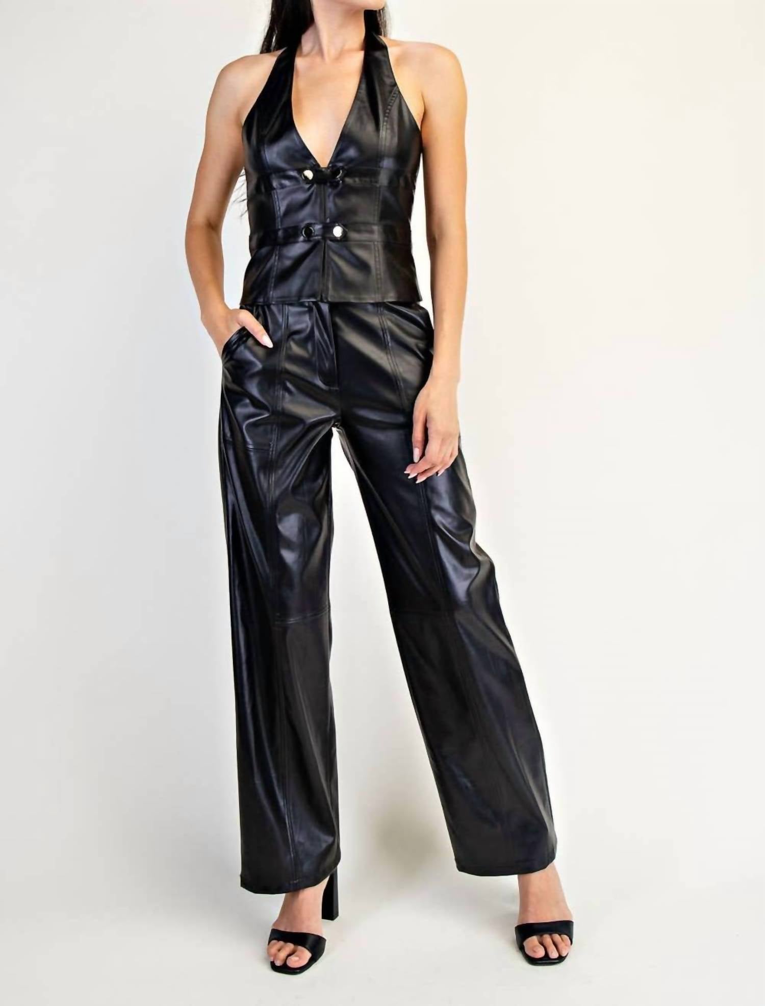 Edit By Nine - Front Snap Button Stretch Faux Leather Pants