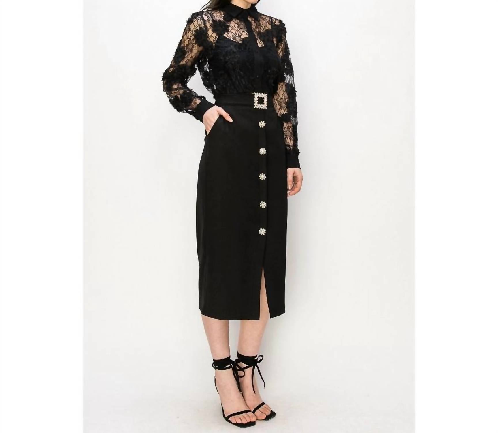 Ina Fashion - Rhinestone Button Down Midi Skirt