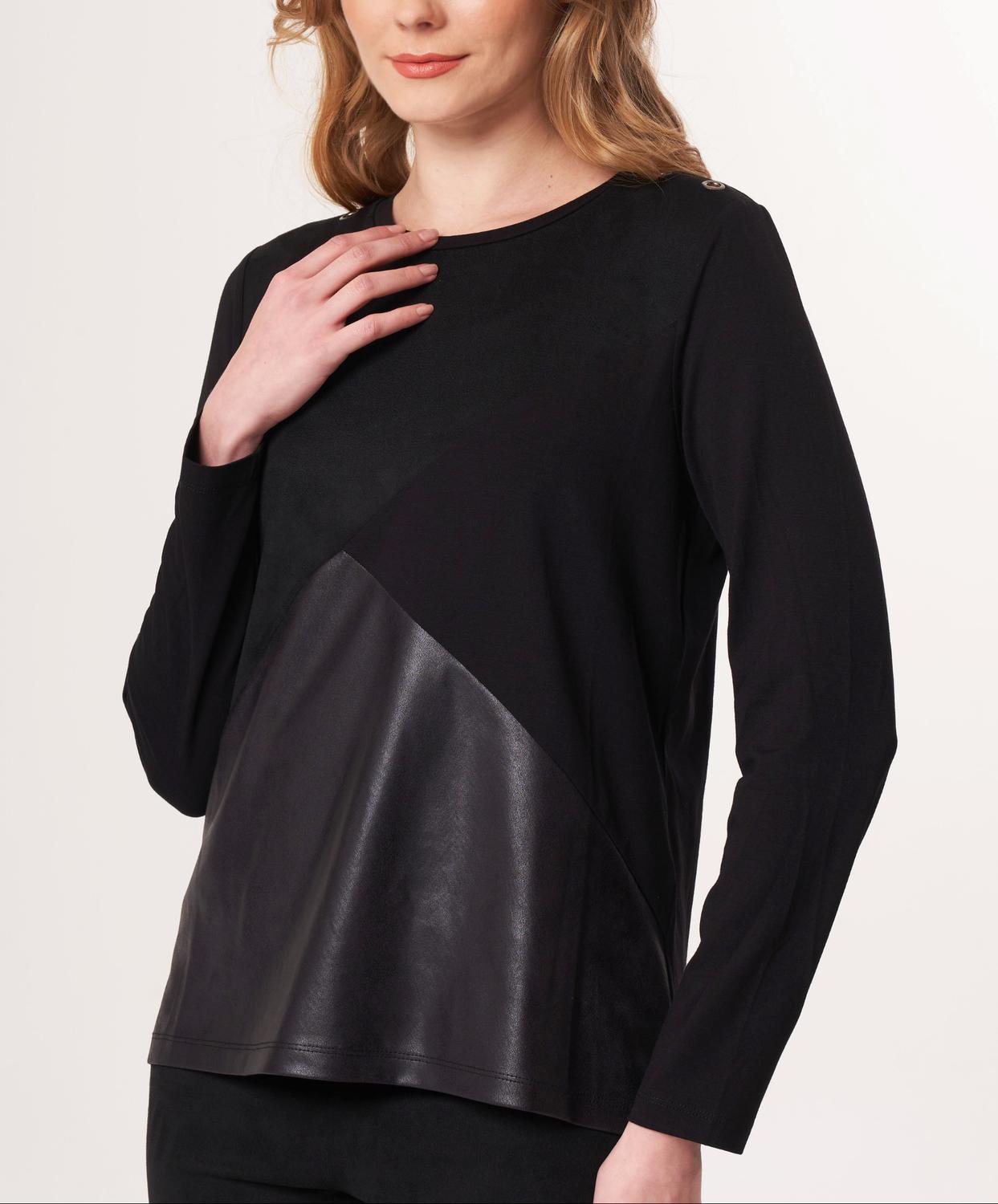Angel Apparel Vegan Leather & Faux Suede Top in black - women's long sleeve top - detail view