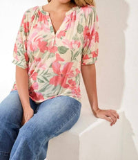 Tribal - Printed Linen Elbow Sleeve Henley Blouse