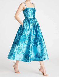 Monique Lhuillier Mikado Midi Dress in aqua tropic - women's dress - detail view
