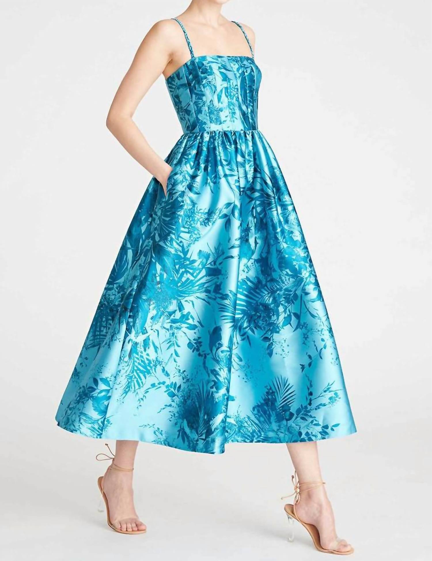 Monique Lhuillier Mikado Midi Dress in aqua tropic - women's dress - detail view