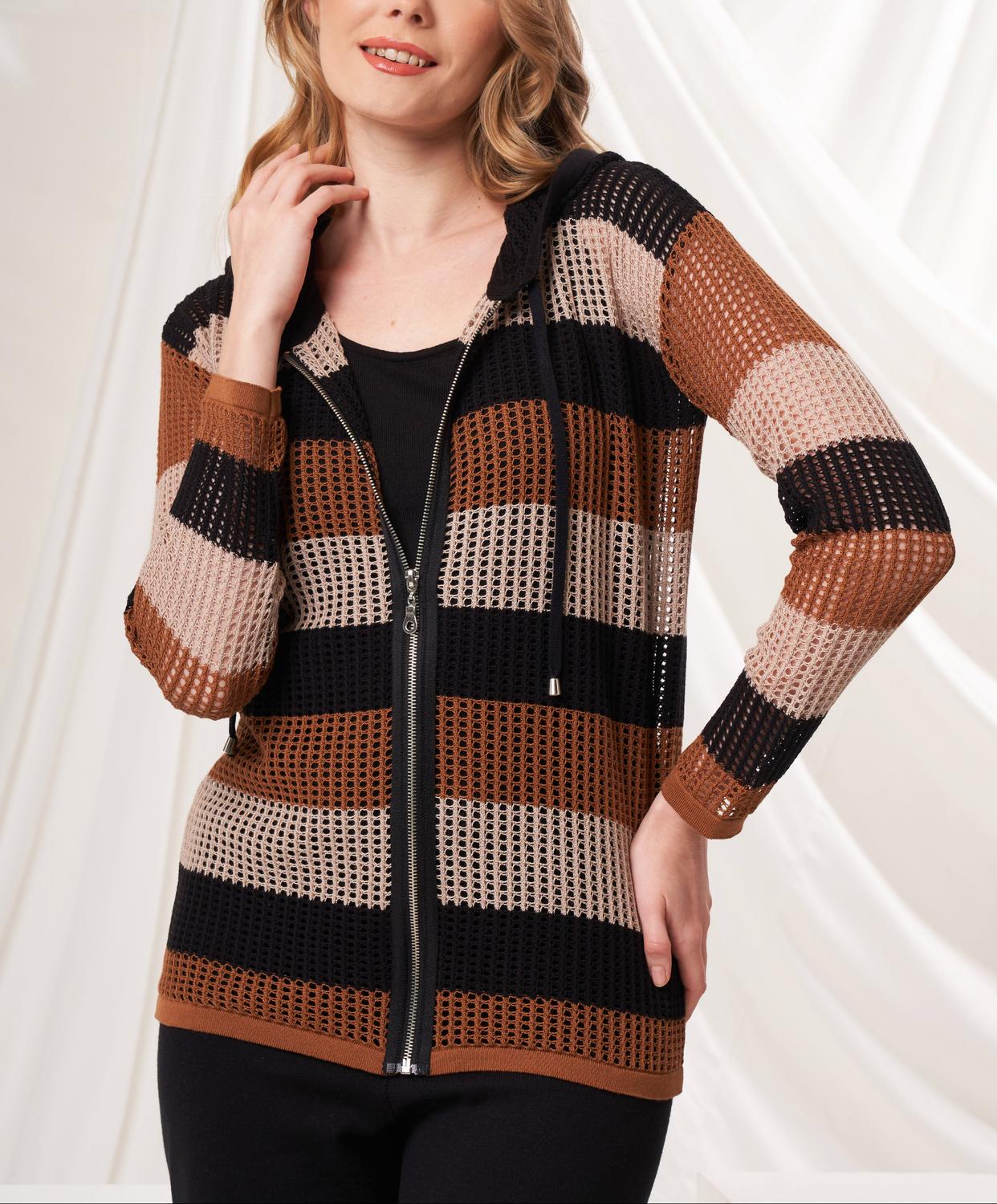 Angel Apparel Stripe Crochet Zip Up Hoodie in black mocha - women's top - detail view