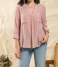 Blu Pepper - Split Neck Back Button Three Quarter Tab Sleeve Top