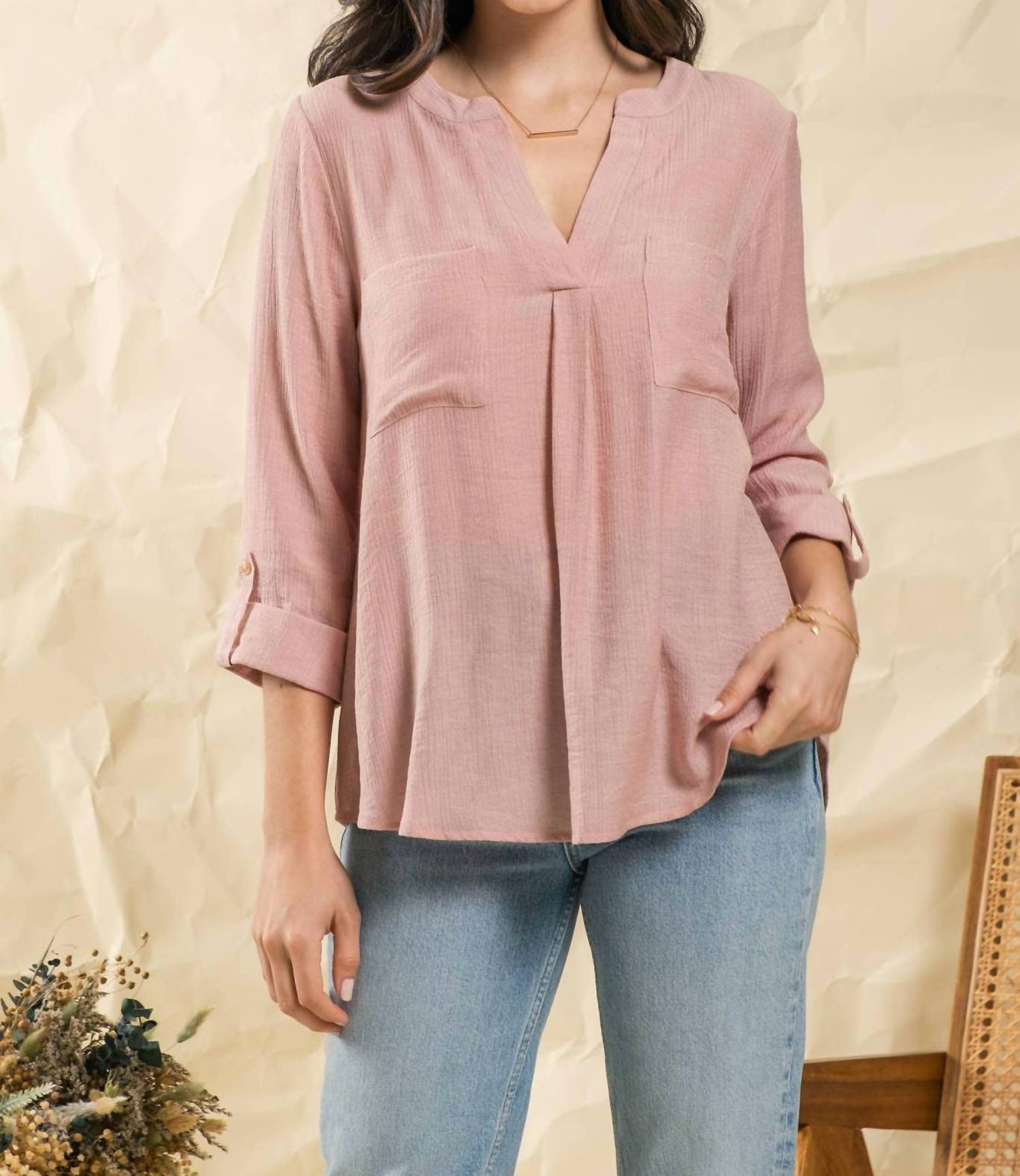 Blu Pepper - Split Neck Back Button Three Quarter Tab Sleeve Top