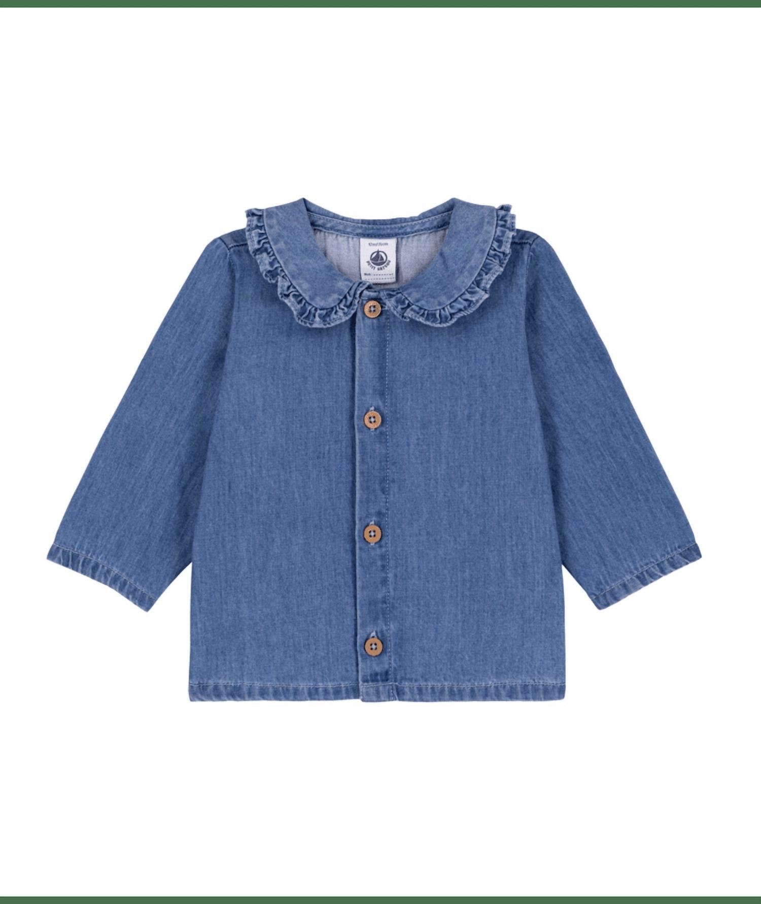 Petit Bateau Lightweight Denim Blouse in blue - kids' blouse - detail view