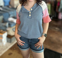 7Th Ray - Ribbed Color Block Henley Top