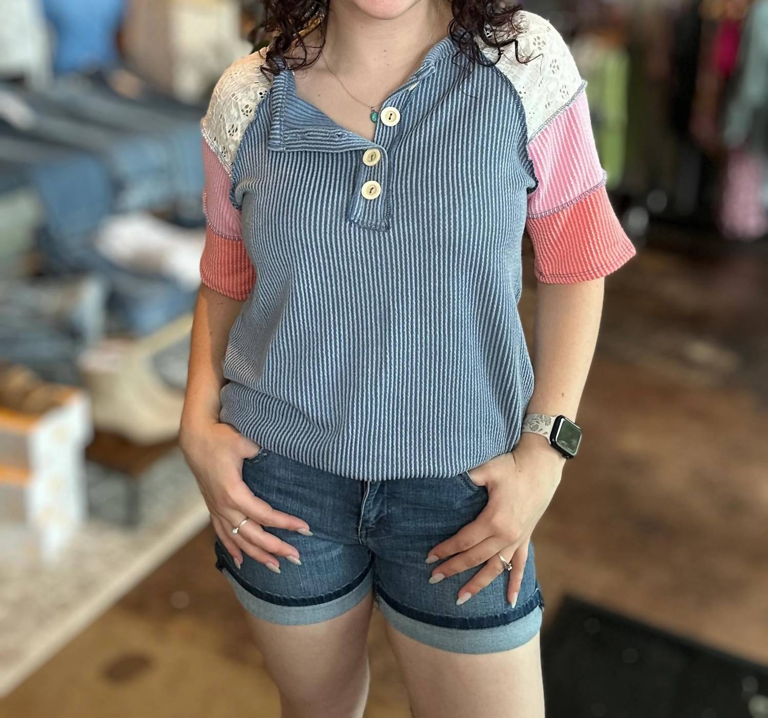 7Th Ray - Ribbed Color Block Henley Top