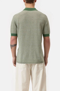 CLOSED Striped Linen Blend Polo Shirt in ranger green - men's shirt - detail view