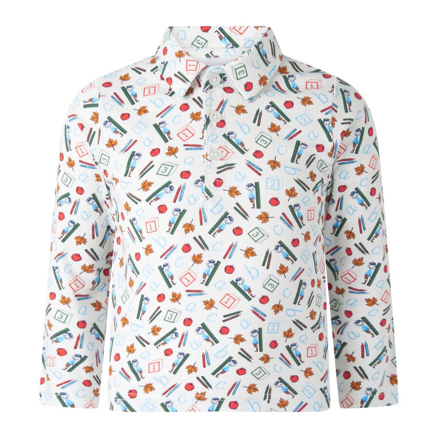 Rachel Riley Boys Abc Polo in white multi - kids' shirt - detail view