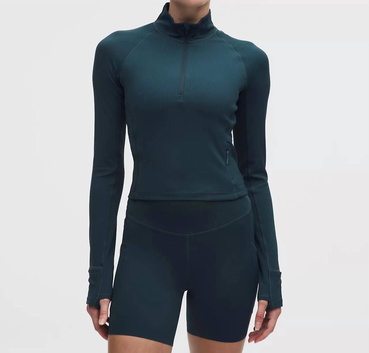 lululemon It's Rulu Ribbed Cropped Half Zip Sweatshirt in indochino blue - women's long sleeve top