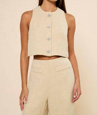 Lalavon - Sleeveless Tweed Vest And Long Pants Set