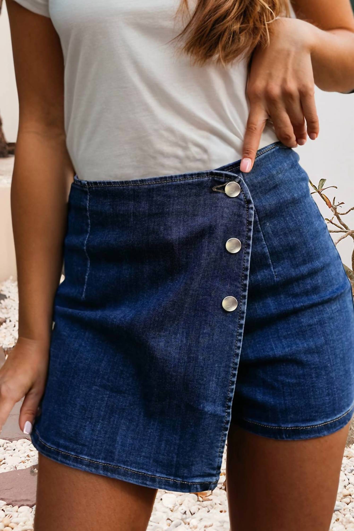 Little Daisy Closet - Asymmetric Wrapped Buttoned Denim Shorts