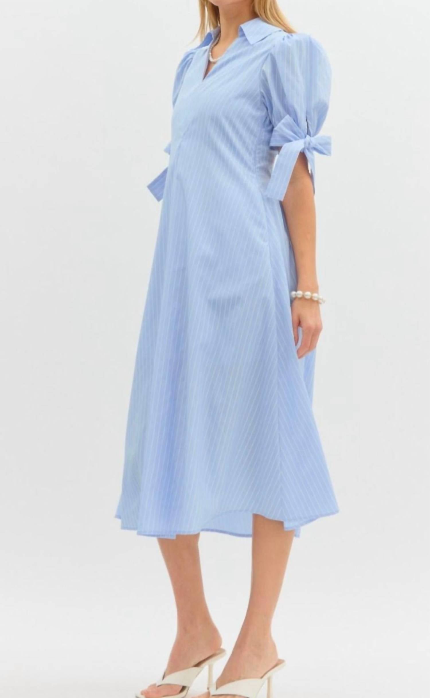 Entro - Pinstriped Puff Sleeve Midi Dress