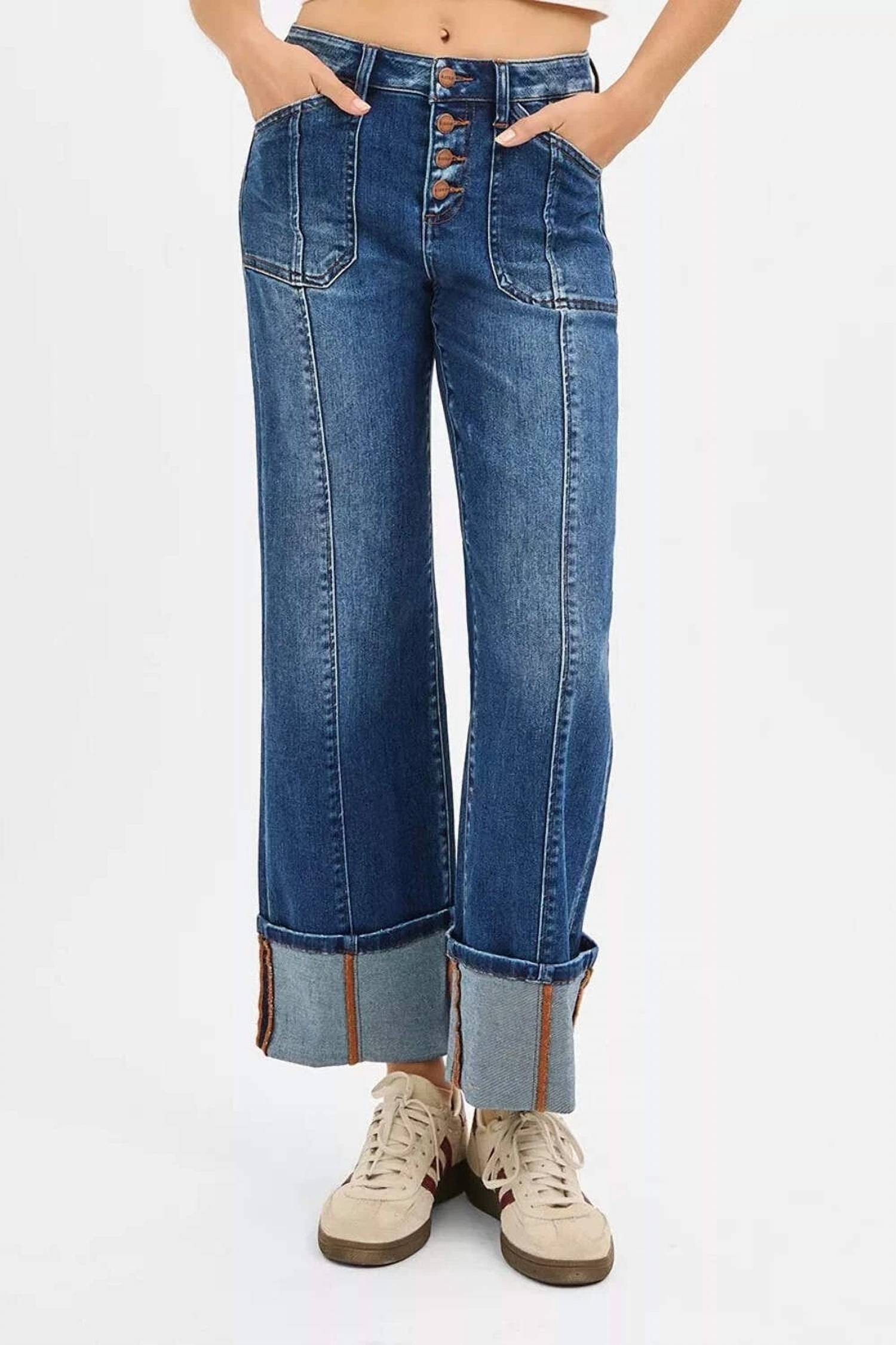 Risen - High Rise Crop Wide Straight Cuffed Jeans