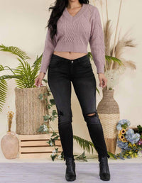 Feel In Apparel Cropped Knitted V-neck Sweater in apparel cropped knitted v neck sweater in mauve - women's sweater - view 5