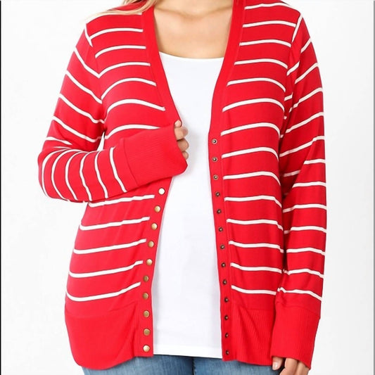 Zenana - Striped Snap Full Sleeve Cardigan