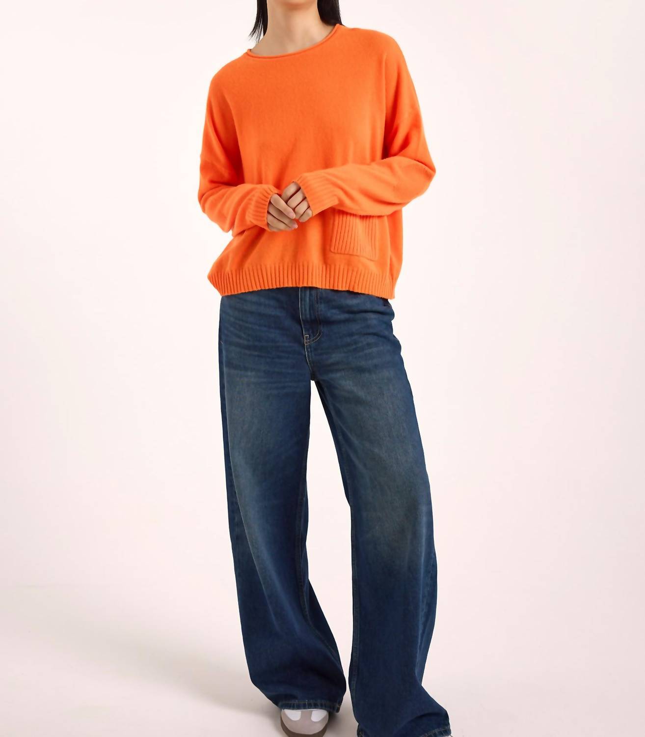Brodie Cashmere Piper Rib Detail Pocket Cashmere Crewneck Top in neon orange - women's long sleeve top