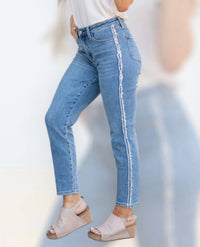 Judy Blue High Waist Slim Fit Fray Side Seam Detail Jeans in blue - women's jeans - alternate view