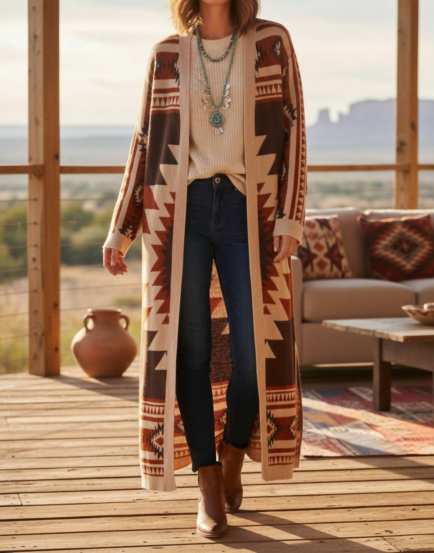 Lucky & Blessed - Aztec Knit Sweater Maxi Cardigan