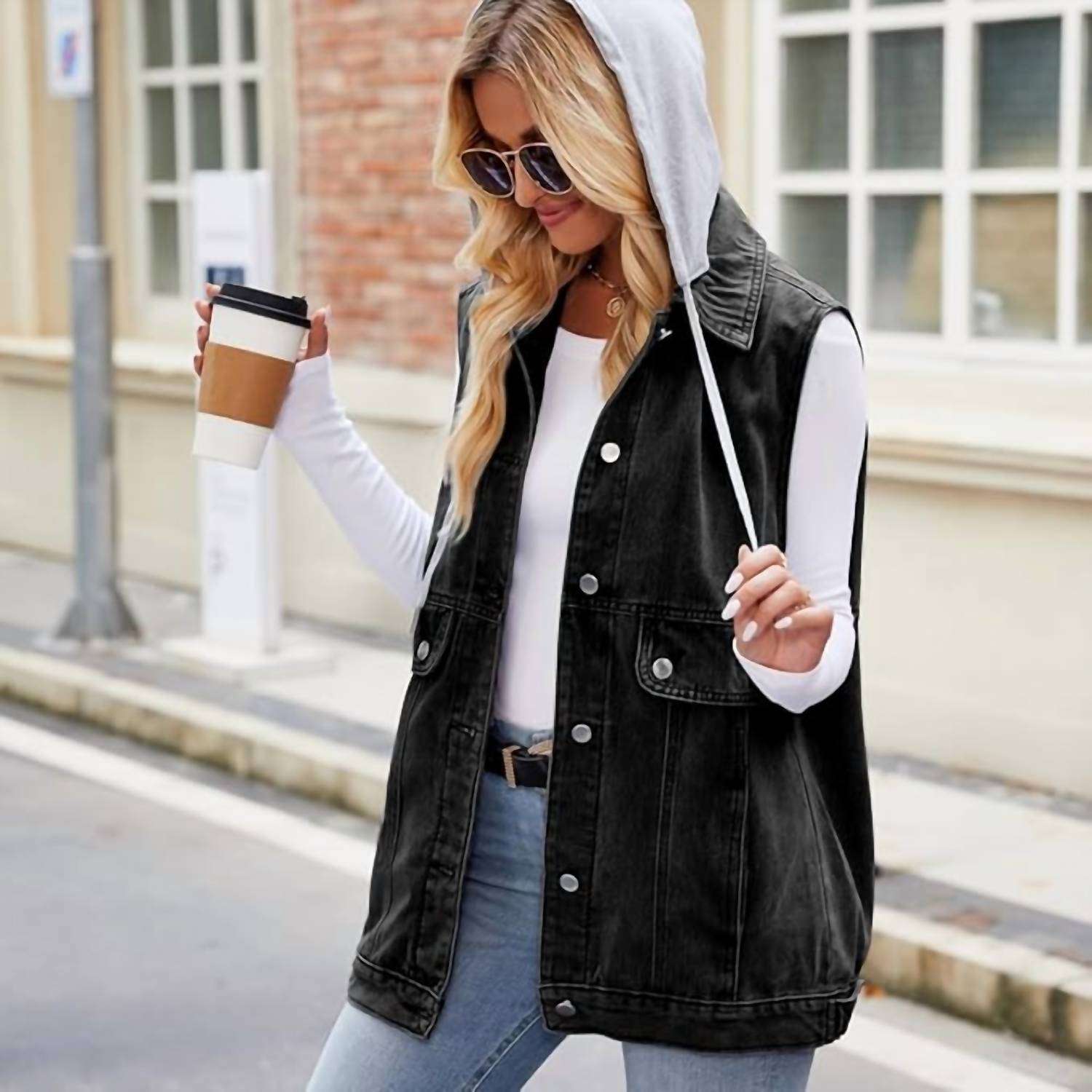 Miss Sparkling - Denim Vests With Hood