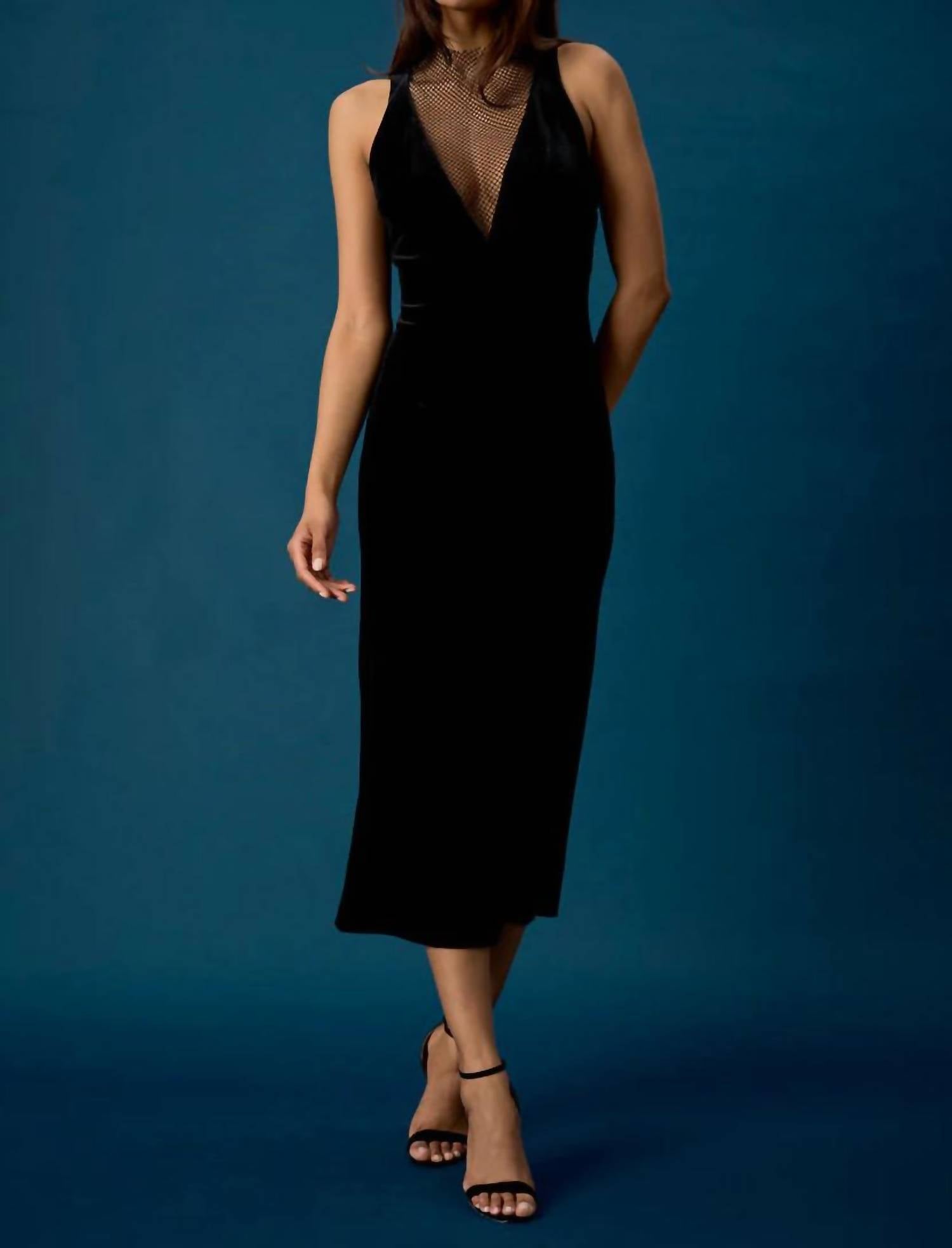 Donna Morgan - Plunge Mesh Velvet Midi Dress