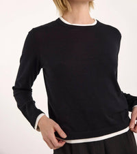 Brodie Cashmere Double Contrast Crew Neck Sweater in black ivory - women's sweater