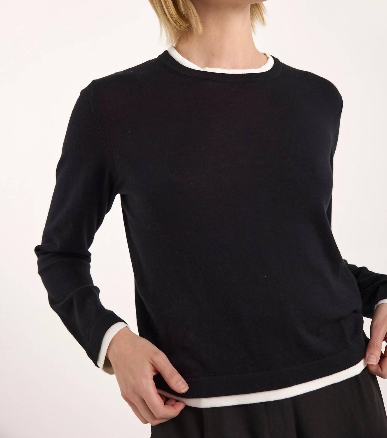 Brodie Cashmere Double Contrast Crew Neck Sweater in black ivory - women's sweater