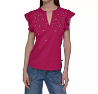 KARL LAGERFELD Studded Ruffle Knit Top in cerise - women's blouse